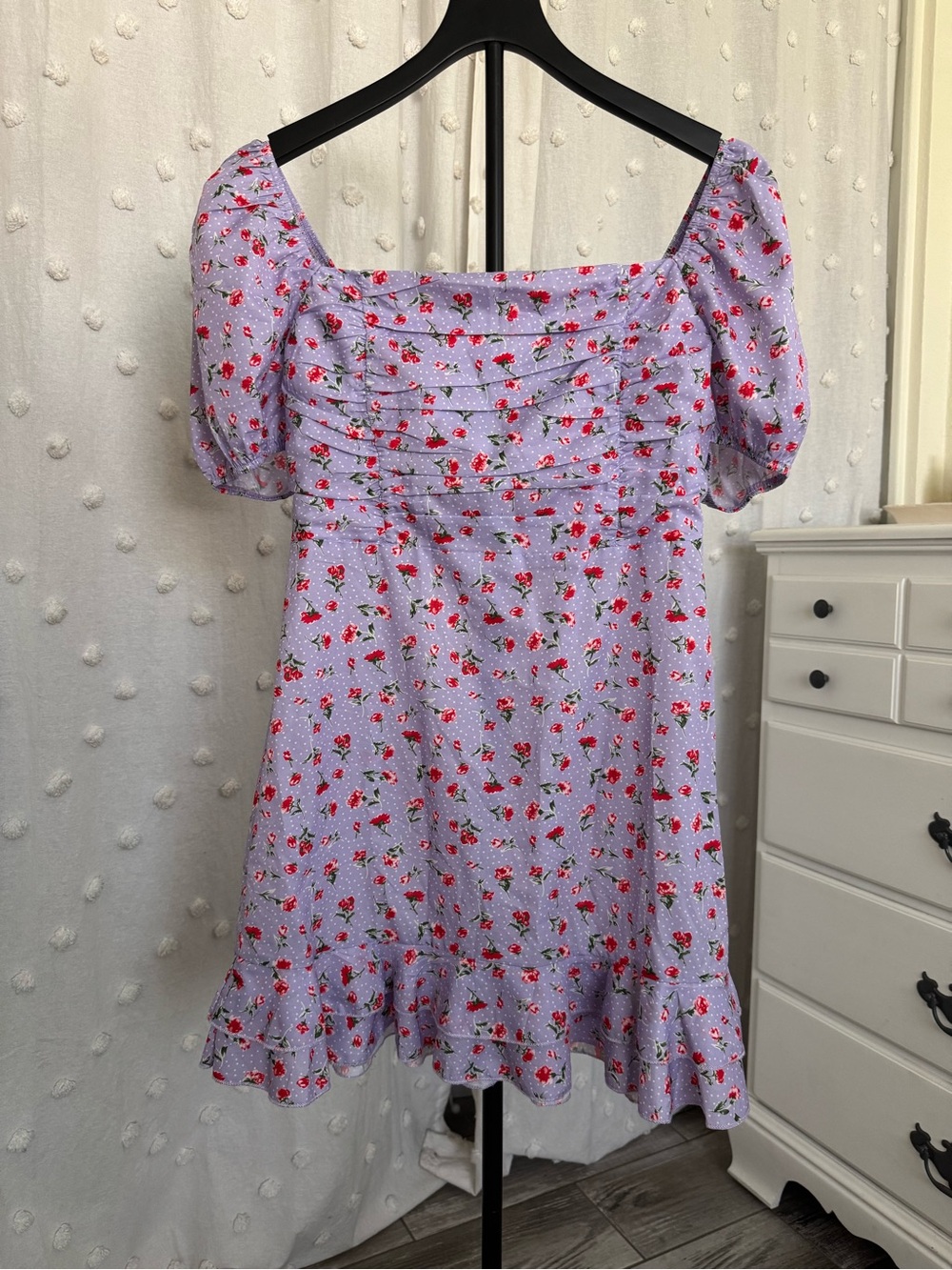SHEIN Lavender Floral Mini Dress with Red Rose Print